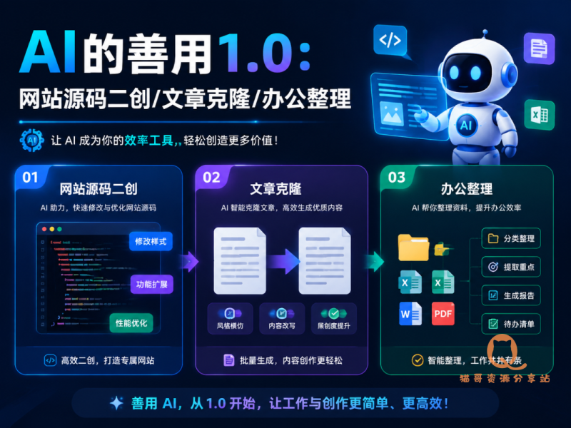 AI的善用1.0：网站源码二创/文章克隆/办公整理-猫哥资源分享站